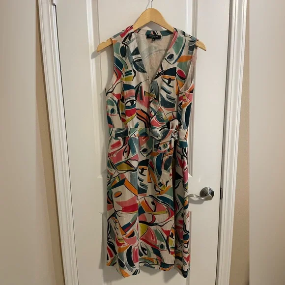 Lafayette 148 New York Pammie Abstract Linen Wrap Dress Size 12 - Picture 4 of 12